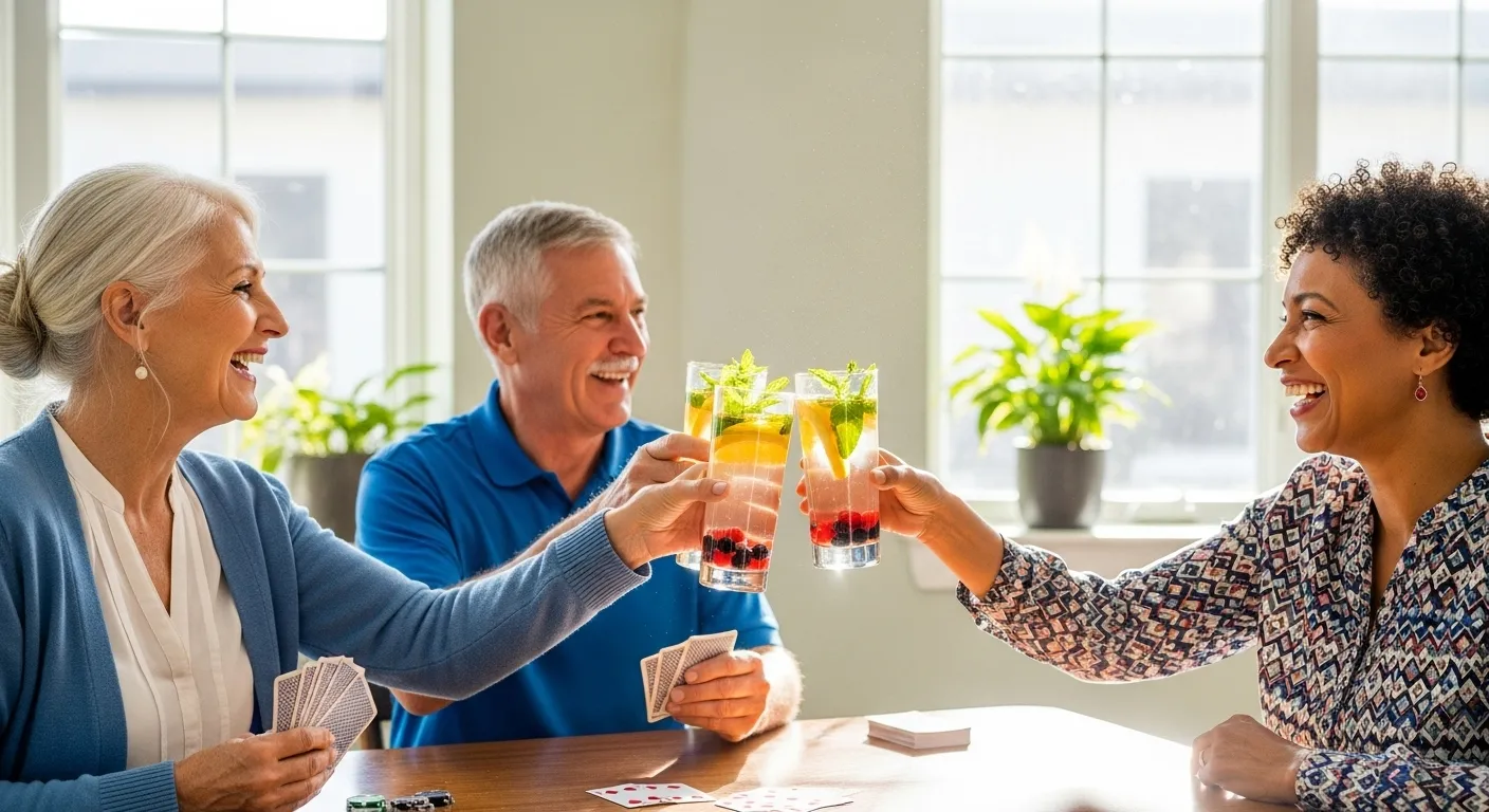 A multi-ethnic group of older adults sits around a table, smiling and toasting with glasses of water while playing a card game.