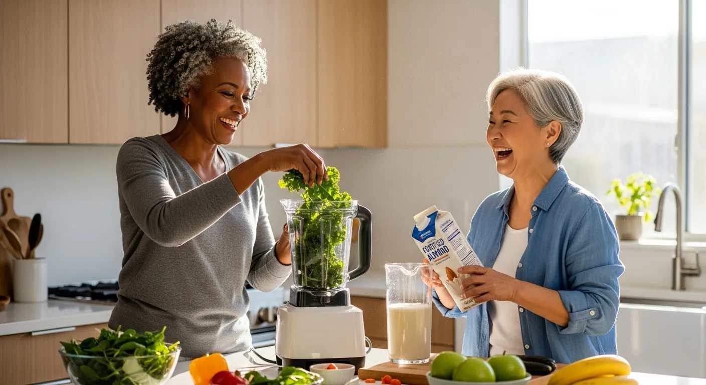 Two smiling older women, one Black and one East Asian, make a healthy green smoothie together in a bright kitchen.