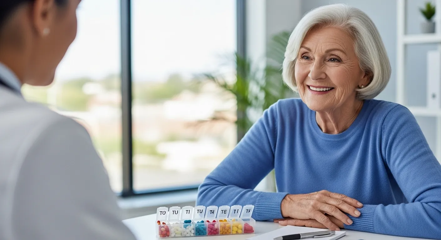 A smiling senior woman has a positive consultation in a bright office, with her pill organizer on the table.