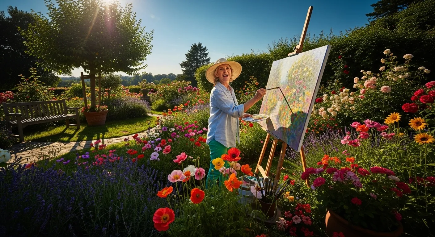 An older woman smiles as she paints on a canvas in a sunny garden, surrounded by colorful flowers.