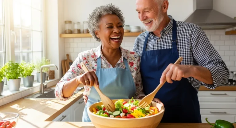 An older man and woman smile at each other as they prepare a large, colorful salad together in a sunlit kitchen.