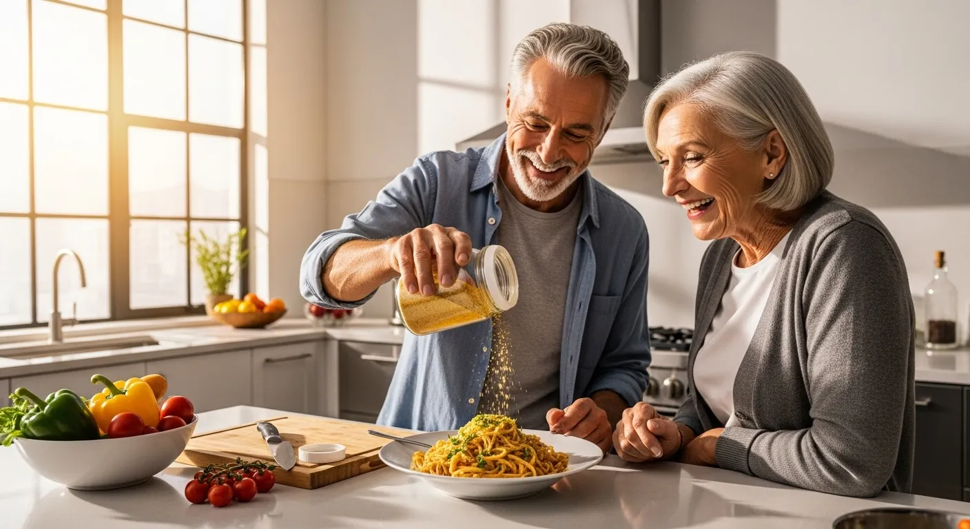 An older man and woman laugh together in a bright kitchen as one sprinkles nutritional yeast over a pasta dish they are preparing.
