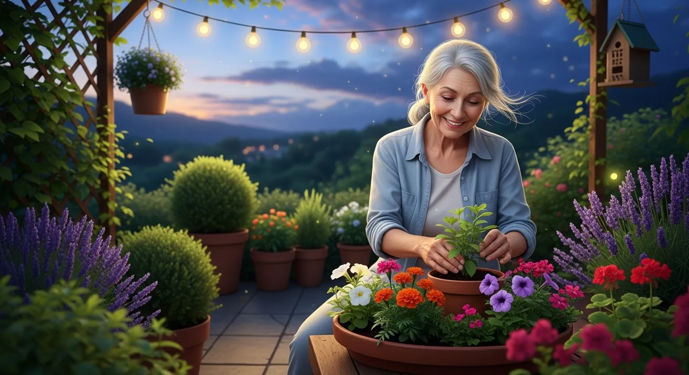 A senior woman smiles while tending to her patio garden at dusk, which is illuminated by warm string lights.