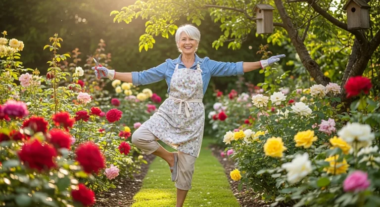 A smiling senior woman stands securely on one leg while pruning a blooming rose bush in her sunny garden.