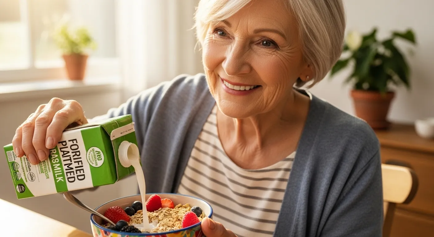 A smiling older woman in a bright kitchen pours milk into a bowl of healthy cereal and fresh berries.