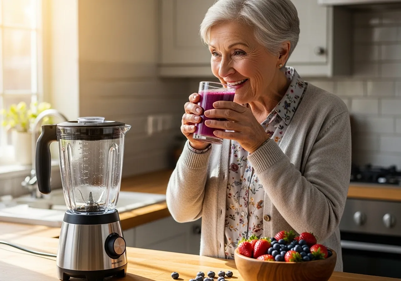 A smiling older woman in a bright kitchen enjoying a healthy purple smoothie made from fresh berries.