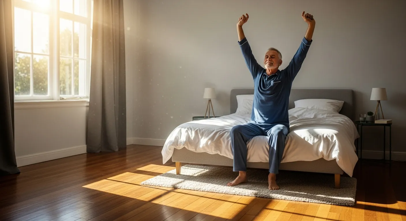 A refreshed senior man smiles as he stretches by his bed in a sun-drenched bedroom, looking well-rested and happy.