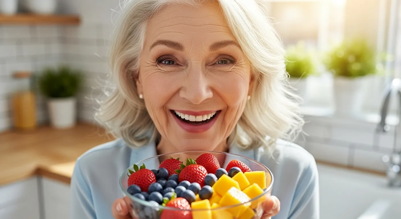 A senior woman with gray hair smiles happily, holding up a glass bowl overflowing with fresh, colorful mixed berries and fruit.