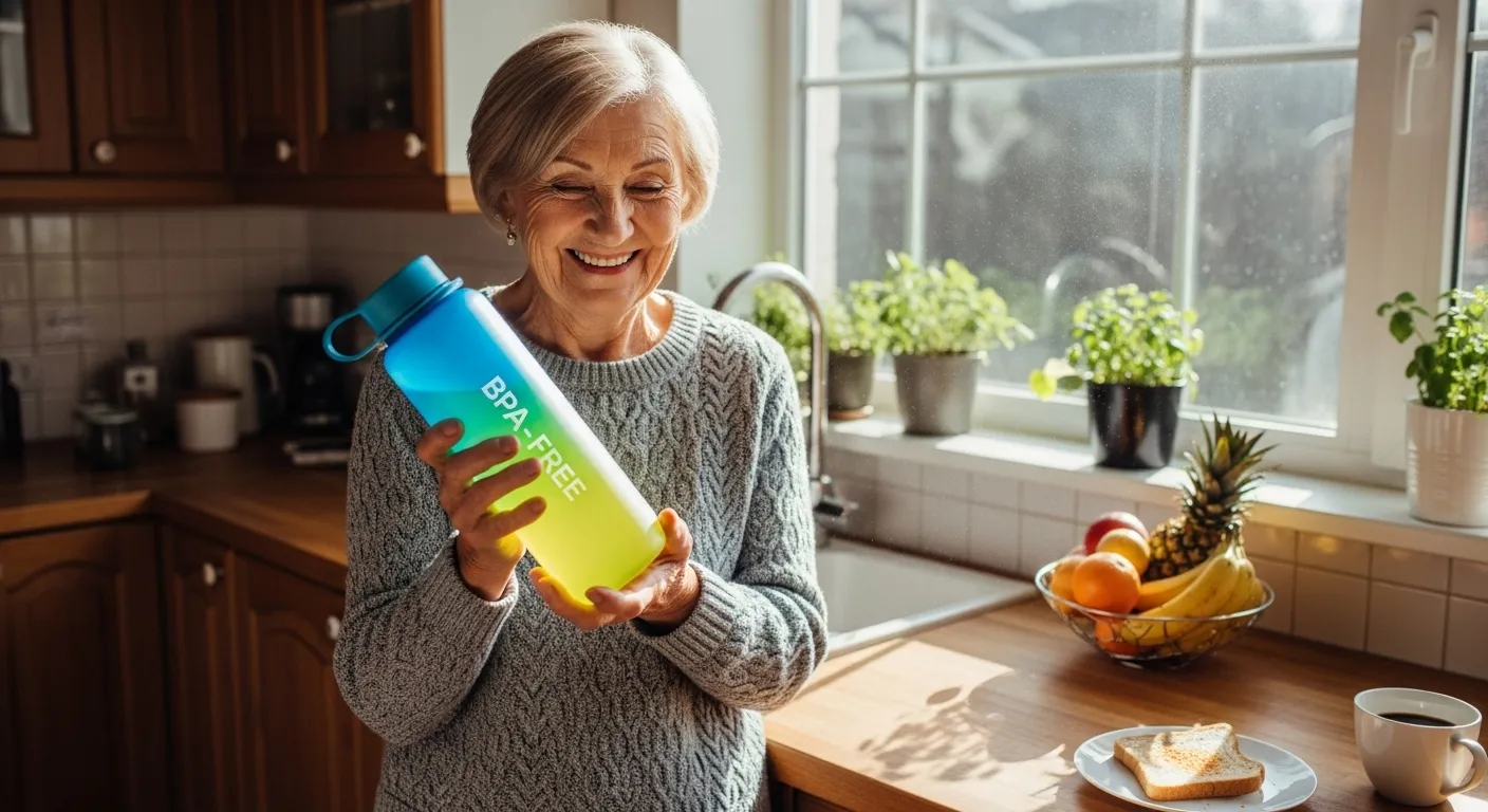 A smiling senior woman stands in a sunny kitchen, happily holding a new, colorful reusable water bottle.