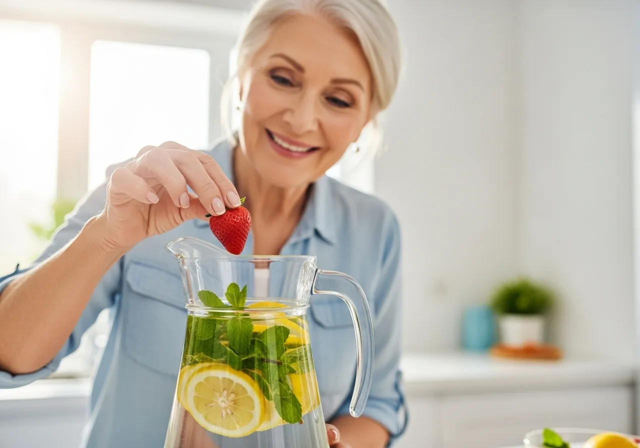 A smiling senior woman adds a fresh strawberry to a glass pitcher of infused water in her bright, sunny kitchen.