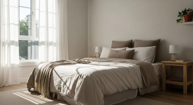 A bright and airy bedroom with a neatly made bed, bathed in soft morning sunlight from a window.