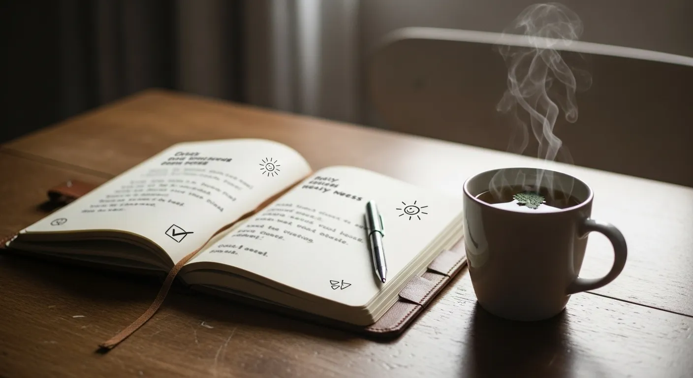 An open journal with a pen and a cup of tea on a wooden desk in soft daylight, representing a sleep diary.