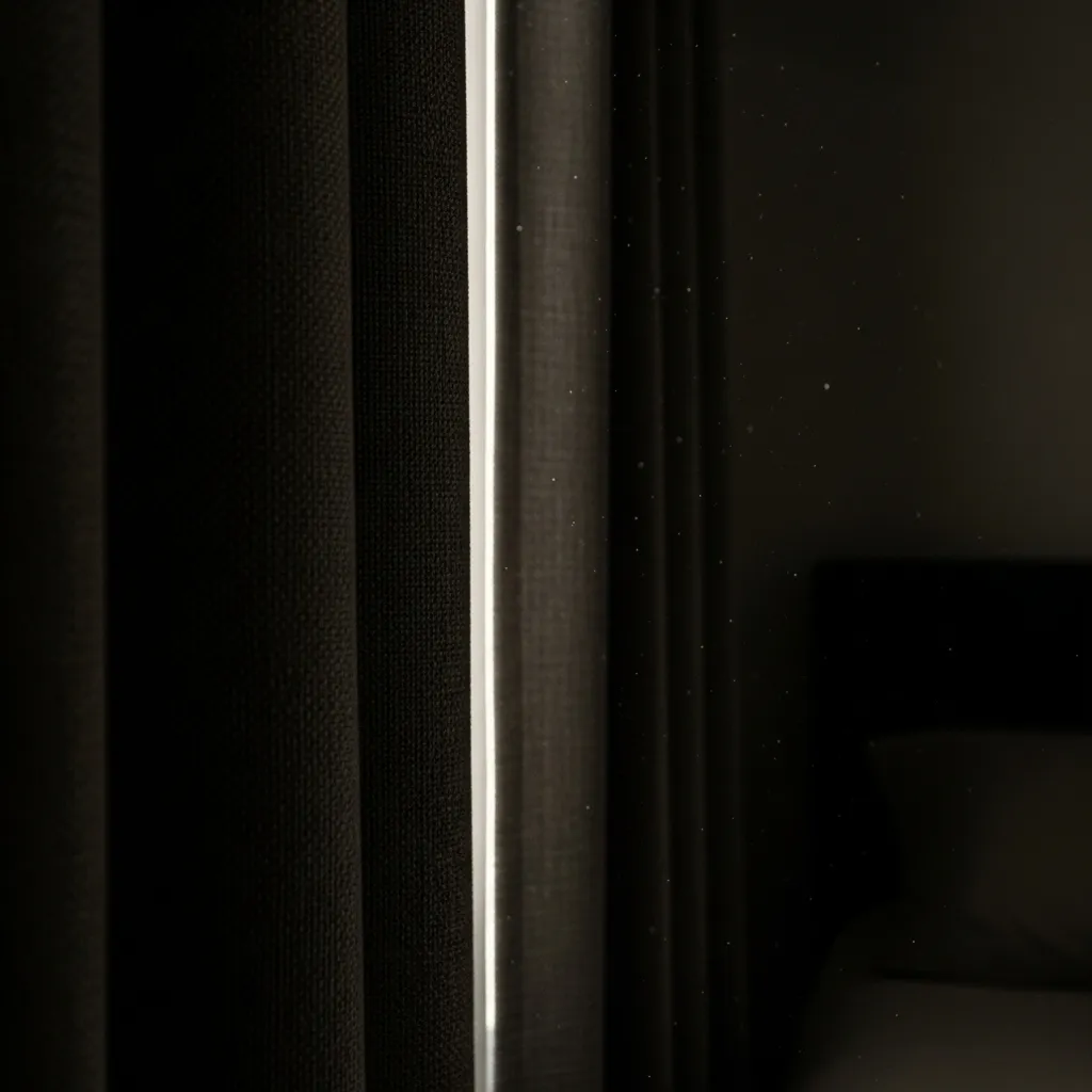 A close-up on a dark, heavy blackout curtain effectively blocking out bright daylight in a bedroom, creating a cave-like environment.