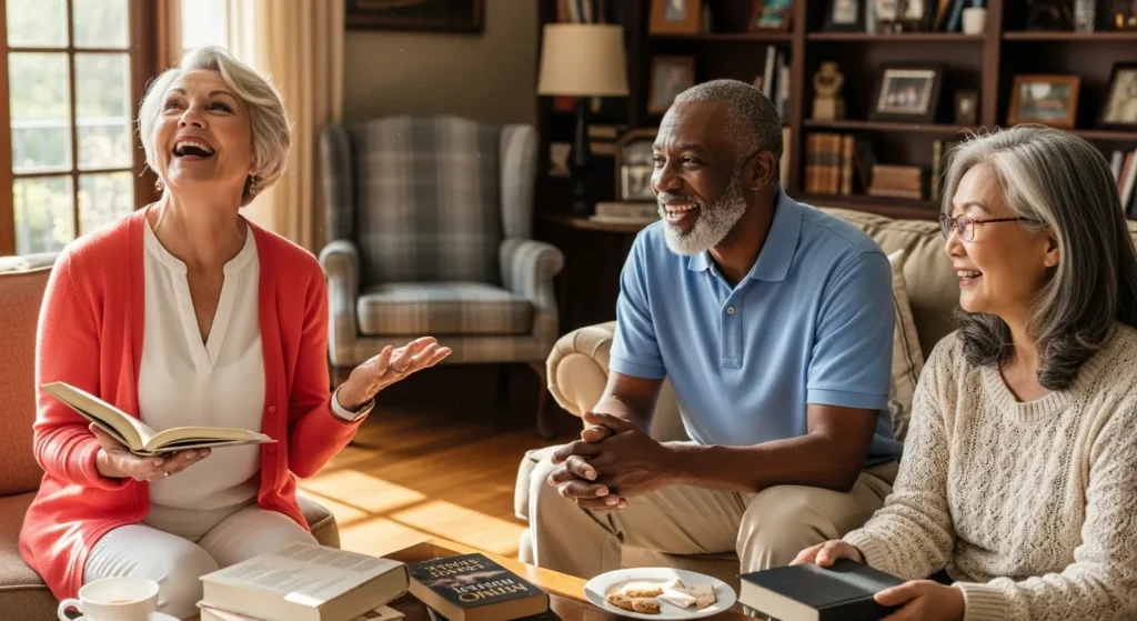 A group of older friends enjoys a book club discussion, laughing together in a bright, sunlit room.
