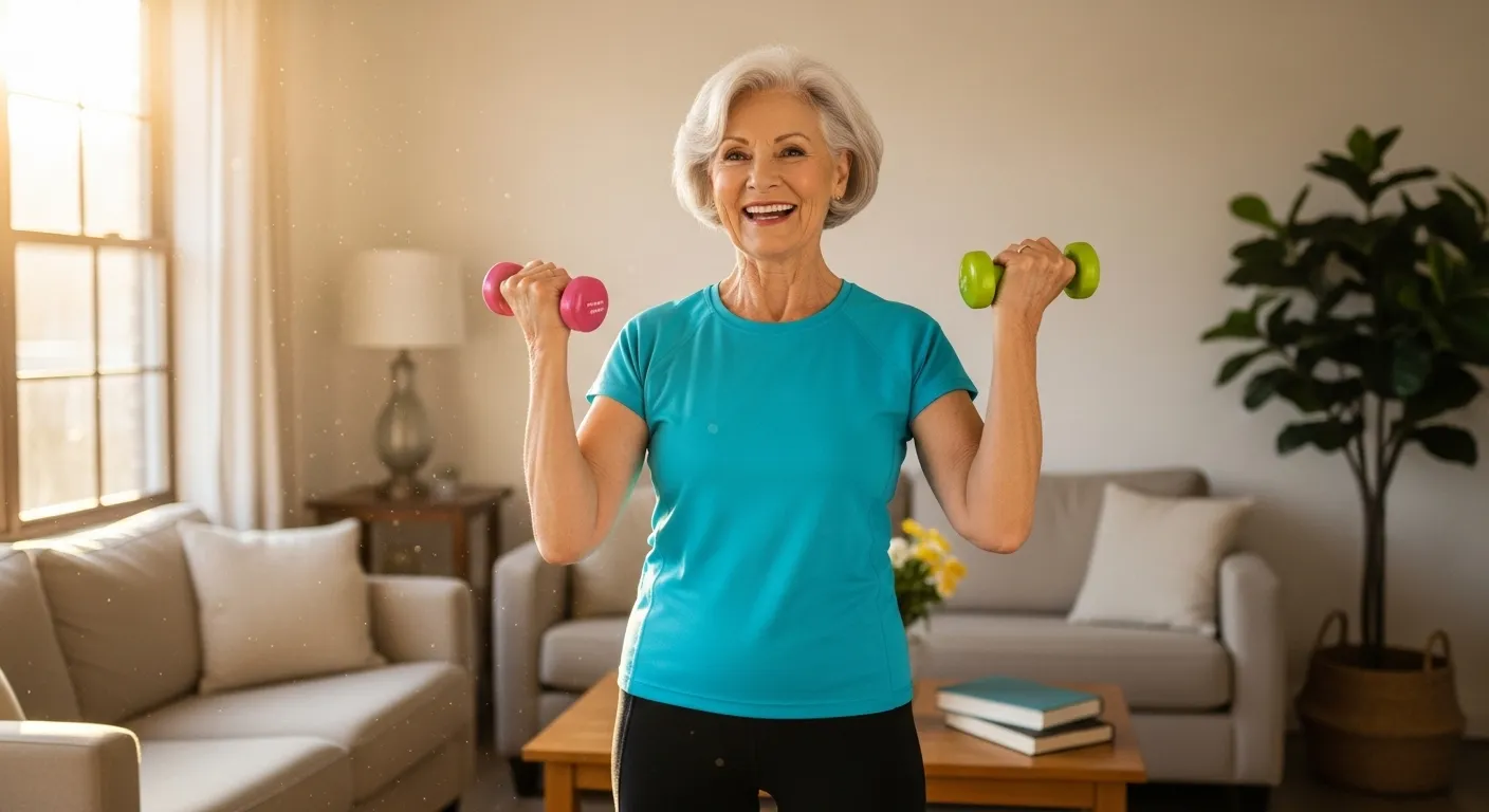 A smiling senior woman with gray hair, wearing workout clothes, lifts a light blue dumbbell in her sunny living room.