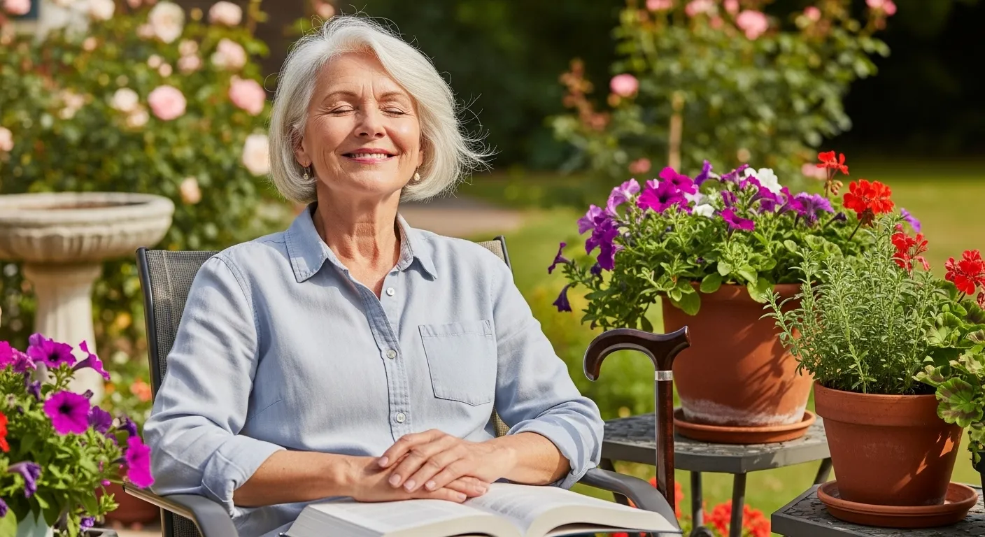 A senior woman smiles contentedly with her face turned toward the sun while sitting in her garden, a cane and large-print book nearby.