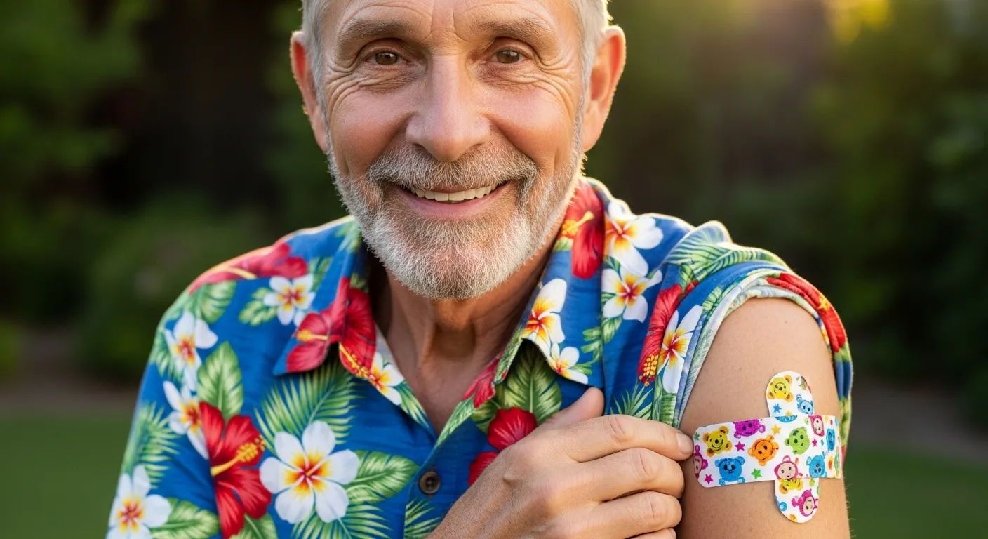 A smiling senior man in a garden setting shows a colorful bandage on his arm after a vaccination.