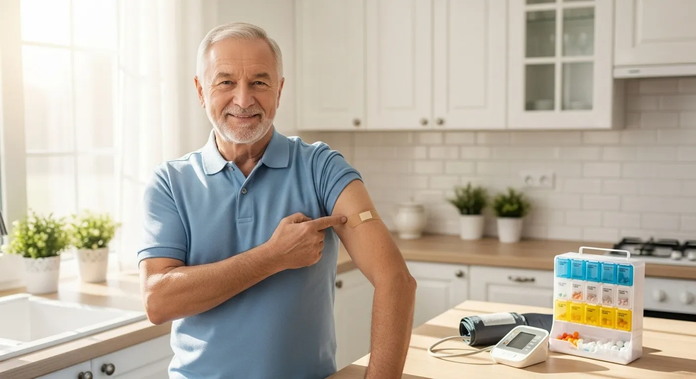 A smiling senior man in a sun-drenched kitchen proudly points to the bandage on his arm from a recent vaccination.