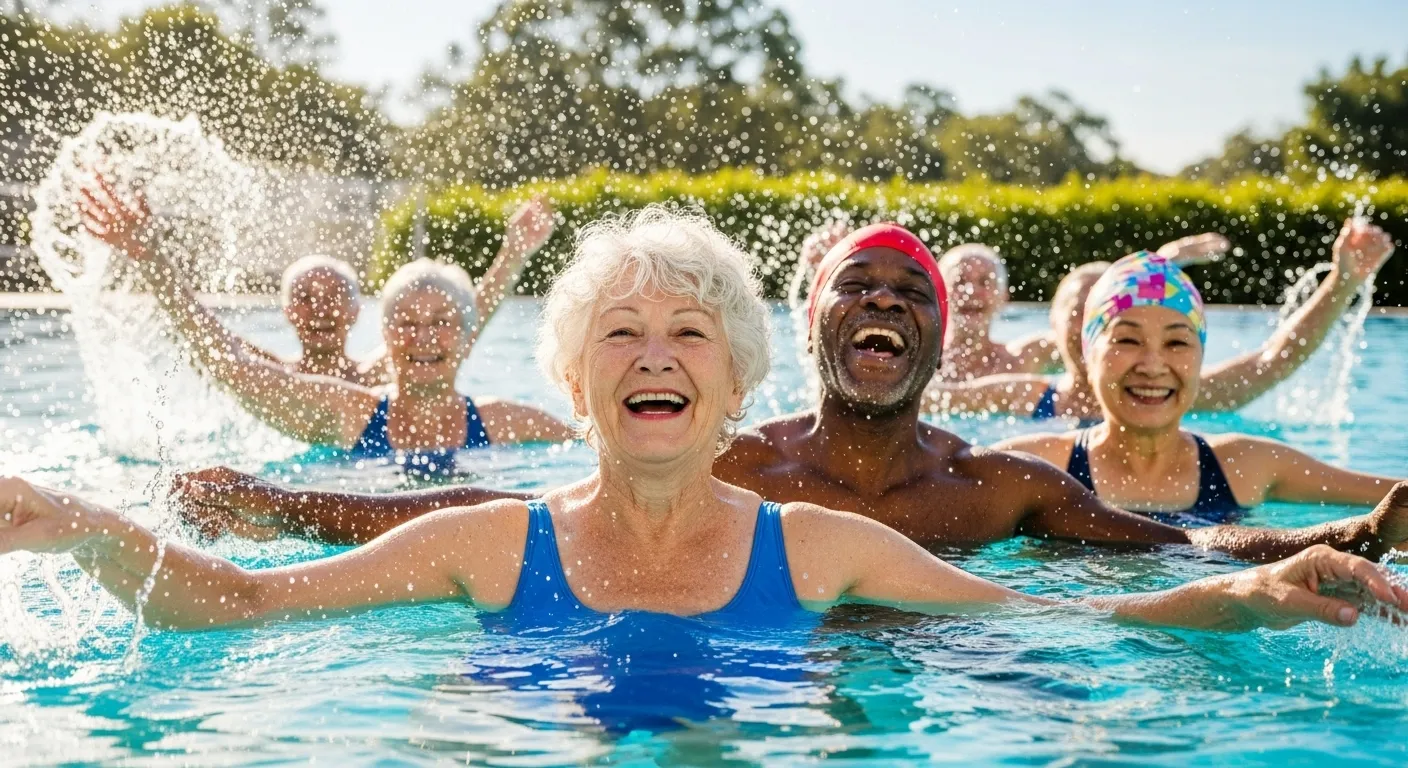 A happy, diverse group of older adults enjoys a lively water aerobics class, splashing and smiling together in a sunny outdoor pool.