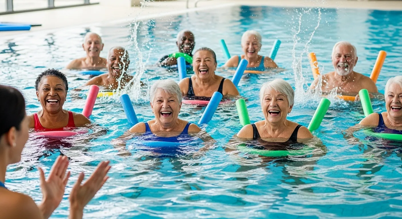 A group of older adults smiles and splashes in a pool during a fun water fitness class, led by an instructor.